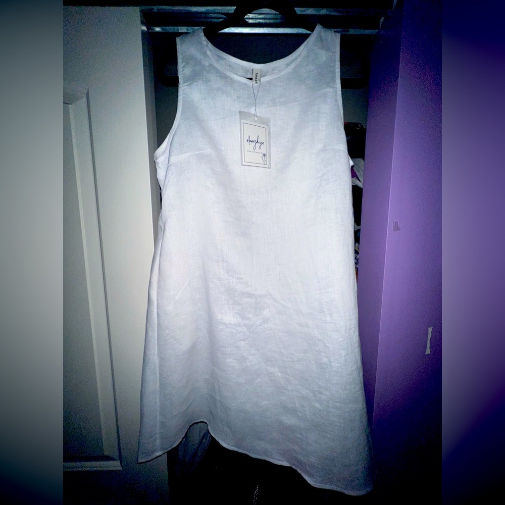 White Linen Slip-on Shift Dress with pockets, Size-L.